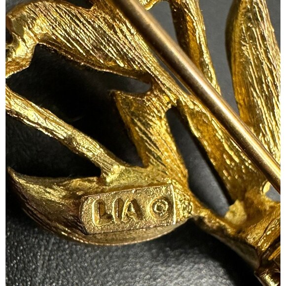 Vintage Floral Brooch Pin Lianna LIA Gold Toned Calla Lily Flower Pink Blue - Picture 6 of 9